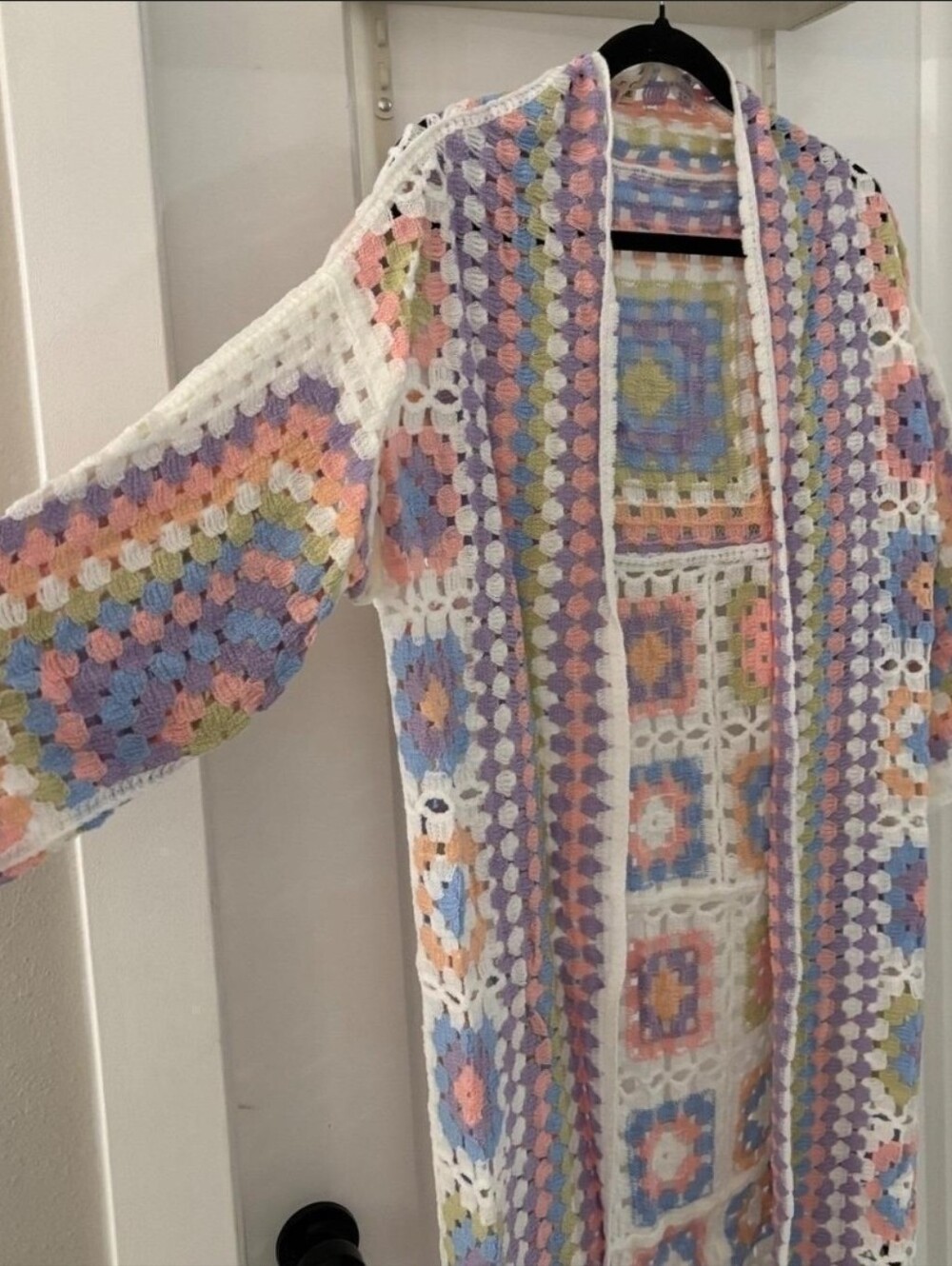 POL NWT Pastel Bohemian White Granny Square Crochet Open-Knit Cardigan Duster S - Picture 6 of 9